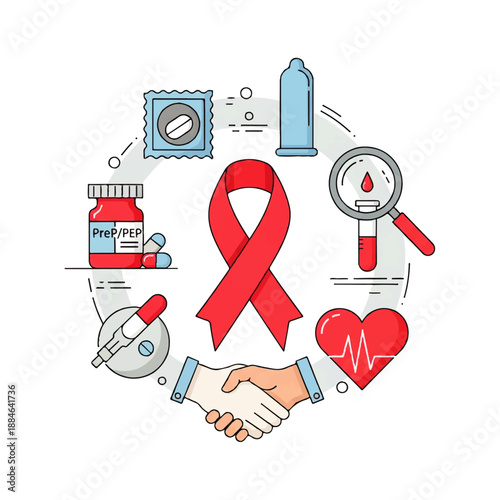 A flat design illustration vector graphic depicting a red ribbon surrounded by HIV and AIDS awareness symbols, including medication, a magnifying glass, and a handshake, against a clean