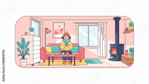 Person in cozy room with stove, sofa, plants, and art