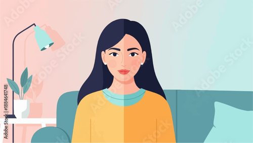 Stylized portrait of a person sitting on a couch in a brightly lit room