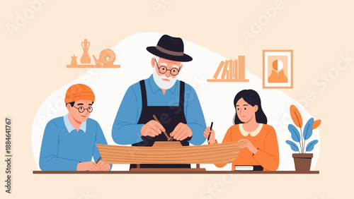 Three people are crafting a wooden boat model together