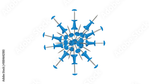 Dynamic arrangement of various blue thumbtacks and nails forming a chaotic star-like pattern, symbolizing scattered ideas or complexity.