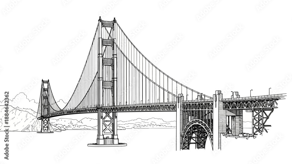 Fototapeta premium Golden Gate Bridge Illustration - Suspension Bridge Design