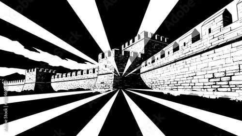 Dramatic Black and White Ancient Fortress Wall with Light Rays