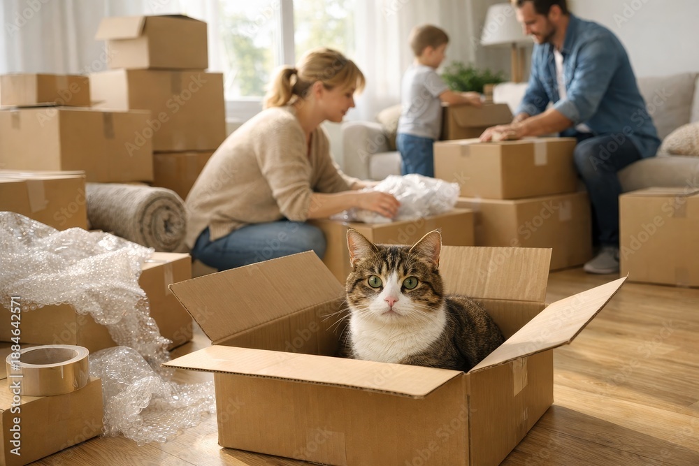 Fototapeta premium Cat in cardboard box with family packing moving boxes. Moving day concept for family relocation and new home journey.