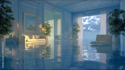 Surreal flooded living room interior with water on floor and large window overlooking blue sky