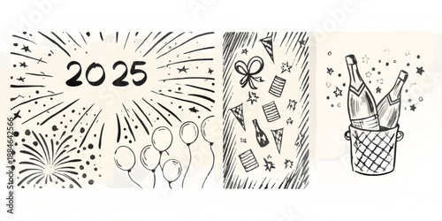New year 2025 celebration with fireworks champagne and festive sketches