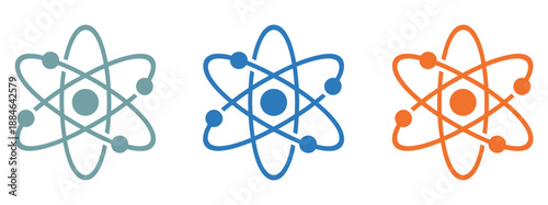 Atom icon set, bright vector atomic symbols representing science, physics, chemistry, and technology concepts