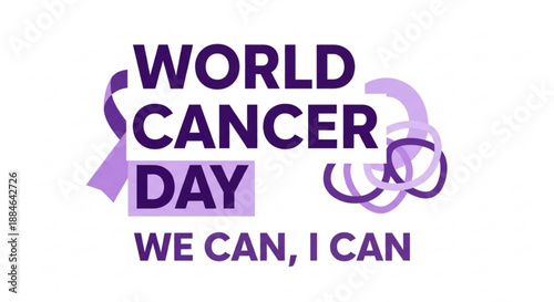 World cancer day purple ribbon awareness symbol with text