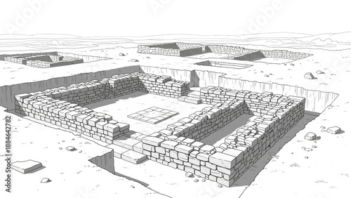 Ancient Ruins Reconstruction: Stone Walls and Desert Landscape