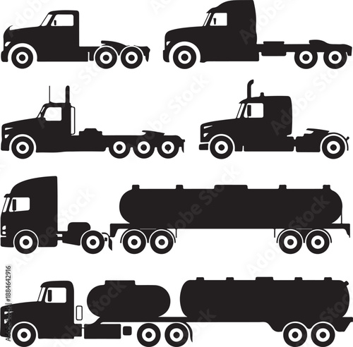 Black silhouettes of different truck types and tanker trucks side view