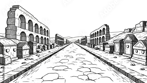 Ancient Roman Street with Ruins and Tombs