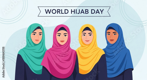 Diverse women wearing colorful hijabs celebrating world hijab day together