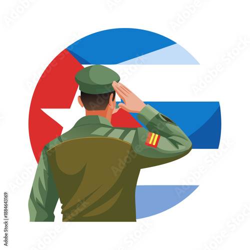 Rear view of a soldier in camouflage and beret saluting in front of the Cuban flag, documentary portrait under natural light, symbolizing honor, remembrance, and Cuban Revolution Victory ... See More
