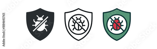 antivirus three shield with tiny bug crossed green and red