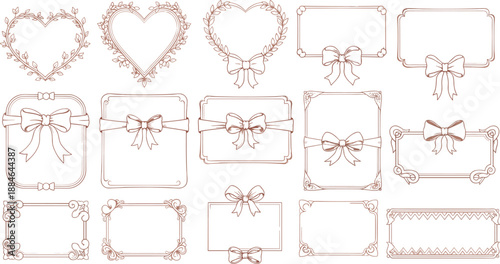 Elegant hand drawn heart frames and decorative bows collection, vintage line art borders set for wedding invitations, labels, cards, and romantic designs