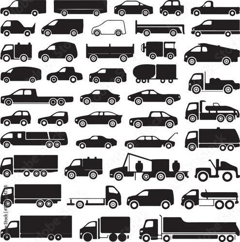 black silhouettes of various vehicles on white background