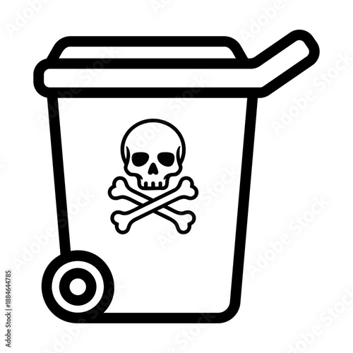 A hazardous waste bin with a skull and crossbones symbol on it is viewed from the front, indicating danger and toxicity in a medical or industrial environment.