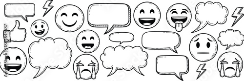Hand drawn emoji and speech bubble illustration set, expressive emoticons, chat symbols, social media communication elements, playful black and white doodle vector collection