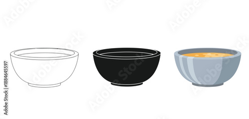 Bowls Vector Set in Three Styles — Line Art, Silhouette and Color Version for Islamic Design, App UI, Posters and Branding