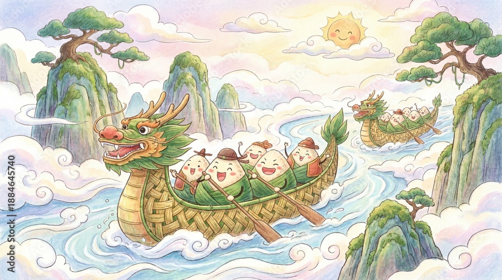 Obraz premium Cute cartoon rice dumplings in dragon boat race in mountains under sunny sky