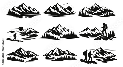 Graphic mountain landscape set featuring various natural scenes with peaks, trees, and hikers for outdoor adventure and exploration