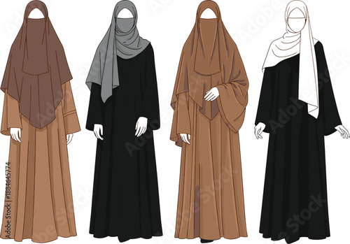 Modest Muslim women fashion illustration set, abaya and hijab outfits vector collection for Islamic clothing design, modest wear, cultural apparel