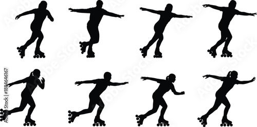 Roller skating silhouette collection showing dynamic motion poses, inline skate athletes, urban sport activity, balance training, minimalist black vector illustration