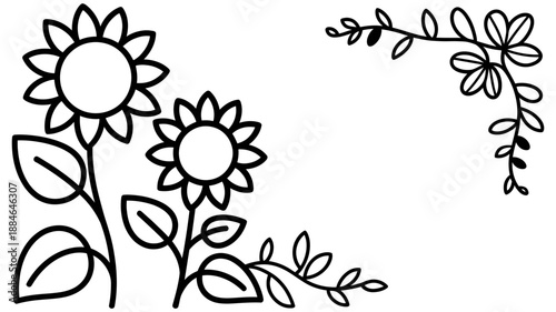 Black and white line art illustration of sunflowers with delicate floral corner borders