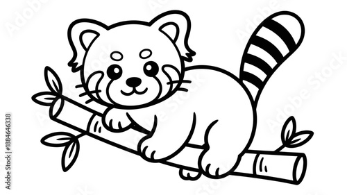 A charming red panda cub happily rests on a sturdy bamboo branch, ready for coloring fun