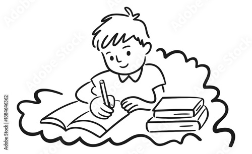 Little boy focused on his homework and studies, writing diligently in a book.