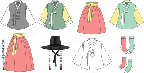 Traditional Korean hanbok illustration set, colorful jeogori jackets, chima skirts, gat hat, socks, cultural clothing vector collection for men women, festival design