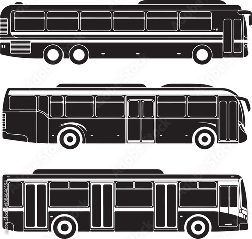 blackandwhite illustrations of different city buses from various angles