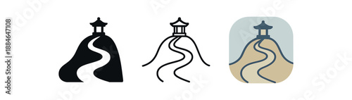 pilgrimage path three winding path leading to small shrine silhouette beige and blue