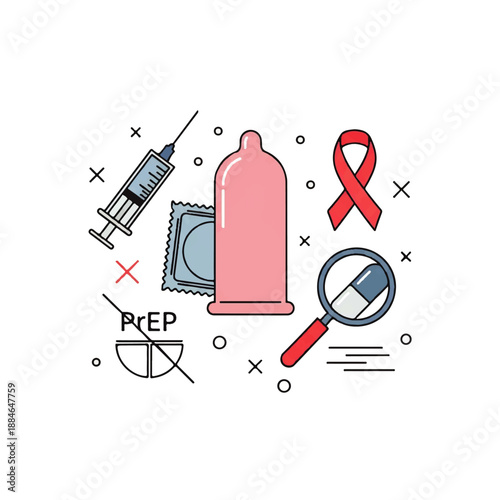 A flat design illustration vector graphic depicting various sex education and safe sex icons on a white background.