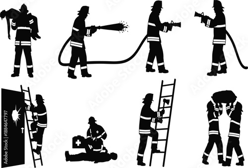 Firefighter silhouette icons set, rescue team action illustration, emergency service symbols, fire safety concept, hose spraying water, saving lives, teamwork