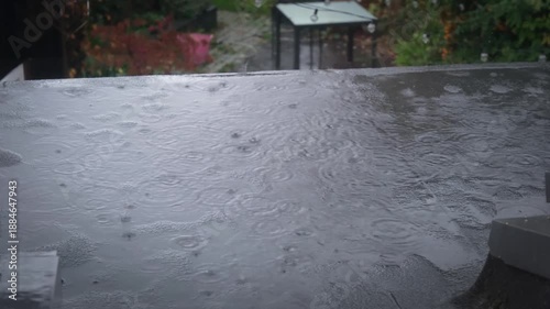 Rain falling in the autum and winter time in the UK onto a flat roof in a garden