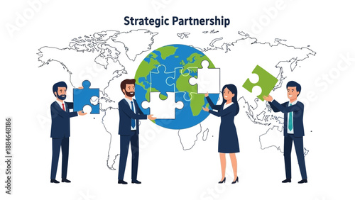Global Partnership Strategy: Business People Connecting Earth Puzzle Pieces
