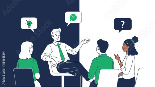 Diverse team in meeting, brainstorming ideas, effective communication, problem solving