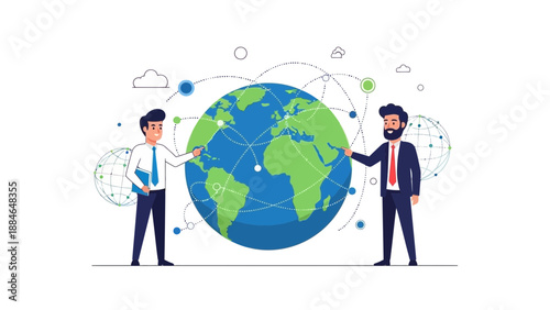 Global Business Connection: Two businessmen interact with a digital globe network