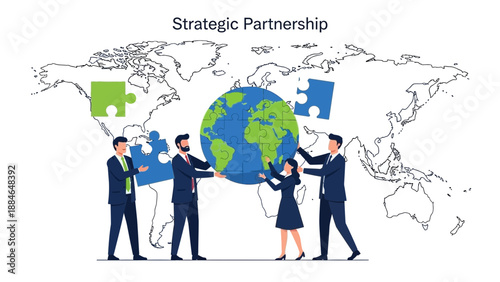 Global Business Partnership: People Connecting Earth Puzzle Pieces