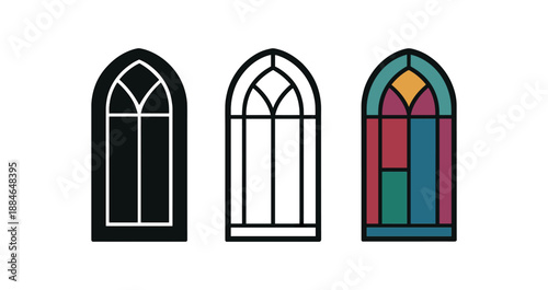 stained glass window three tall arched window with geometric segments bright jewel tones