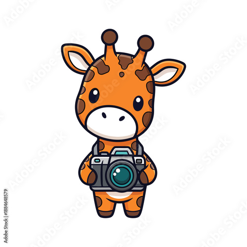 Adorable cartoon giraffe character holding a camera, a charming animal photographer illustration