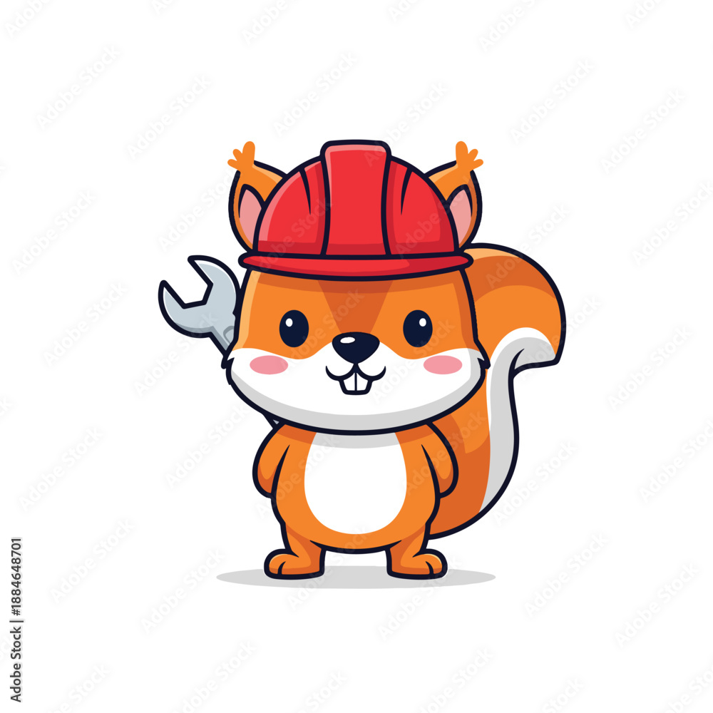 Obraz premium Cute Cartoon Squirrel Character in Red Hard Hat Holding Wrench, Ready for Repairs and Construction Work