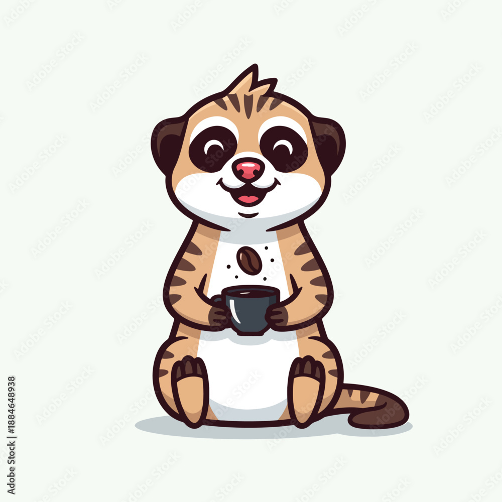 Obraz premium Cute Cartoon Meerkat Illustration Happily Holding a Coffee Cup on an Isolated Background