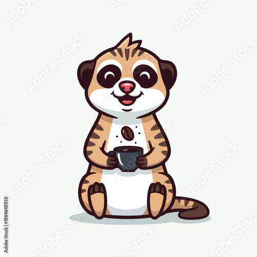 Cute Cartoon Meerkat Illustration Happily Holding a Coffee Cup on an Isolated Background