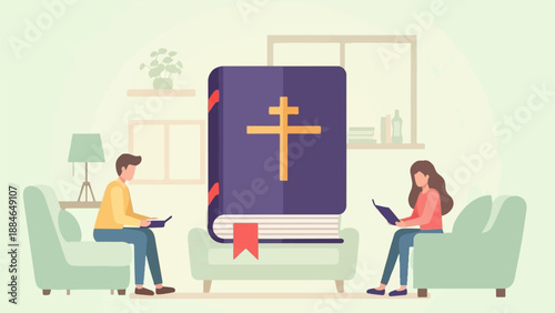 A man and woman read books in a living room with a large bible