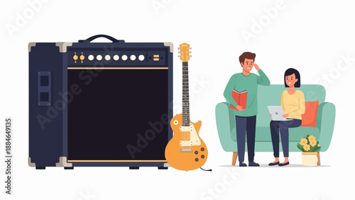 A man and woman relax with musical instruments and electronics