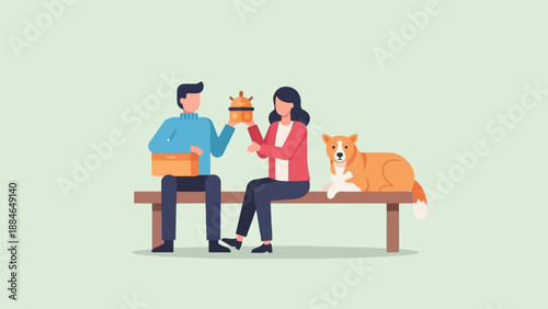 A man and woman sit on a bench with a dog and a decorative object
