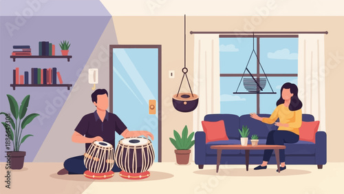 A man plays drums while a woman relaxes on a couch in a living room