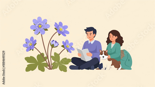 A man reads a book next to a woman and dog, near purple flowers